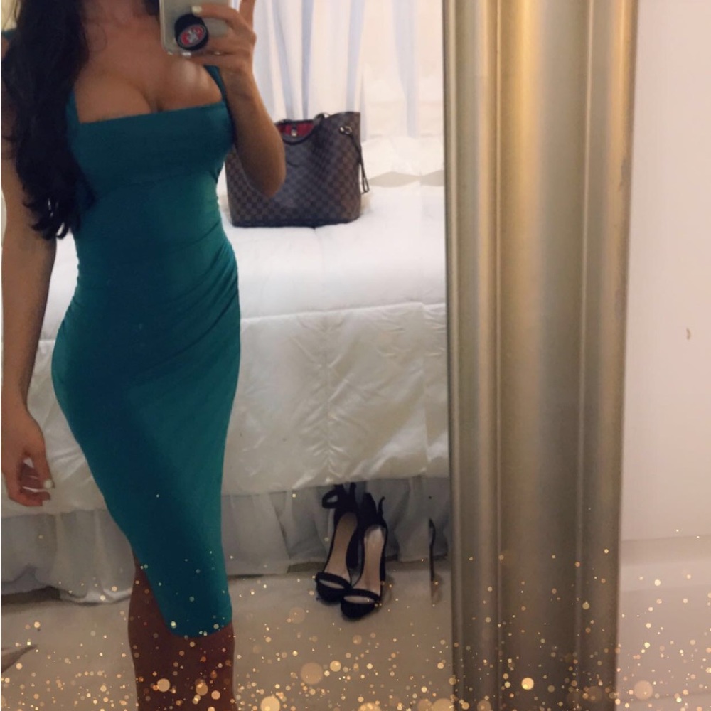 Green blue light teal bodycon square neck midi dress xs 00